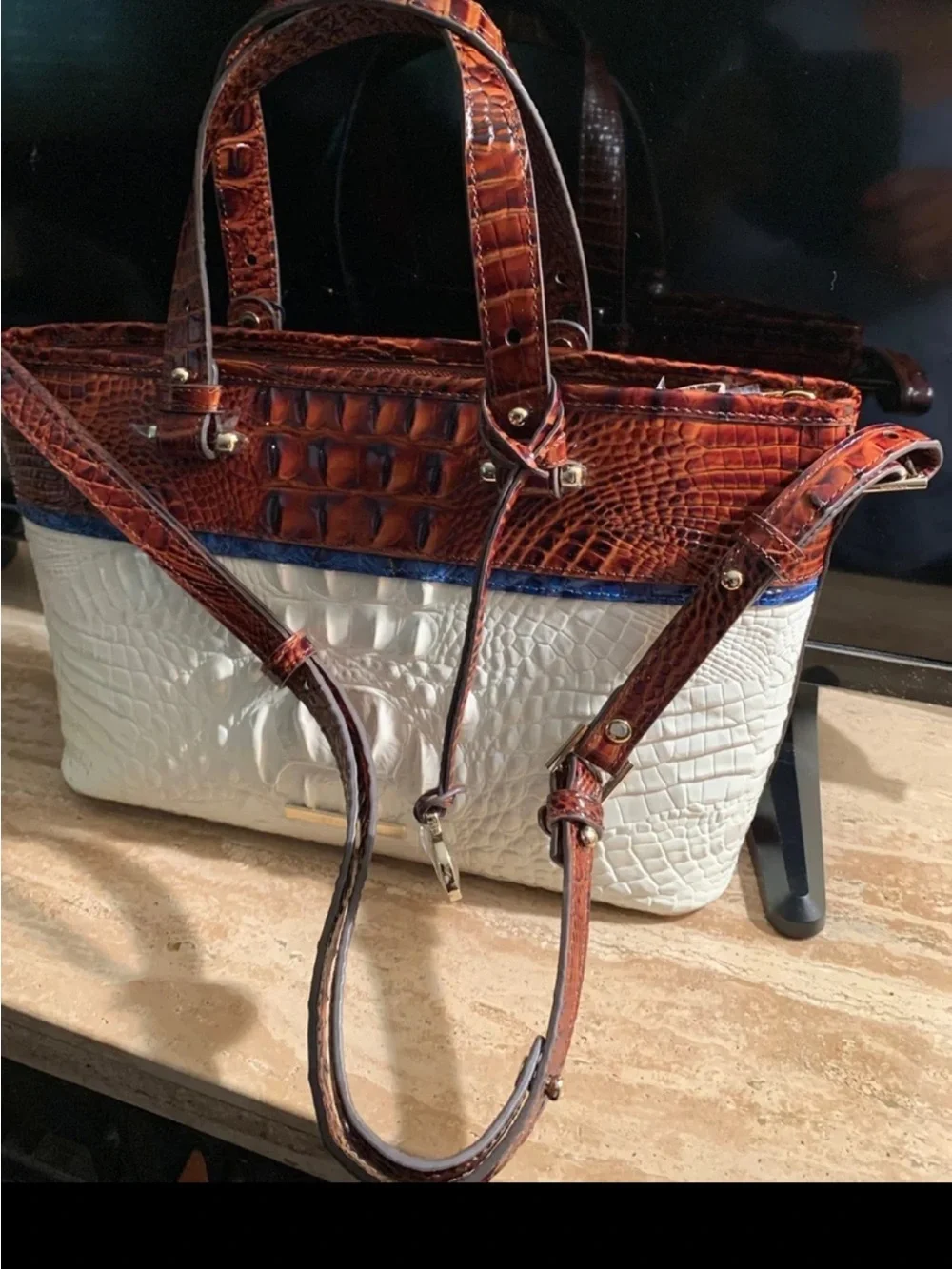 NWT Brahmin Asher Handbag in White, Brown & Blue and Brahmin Checkbook Wallet